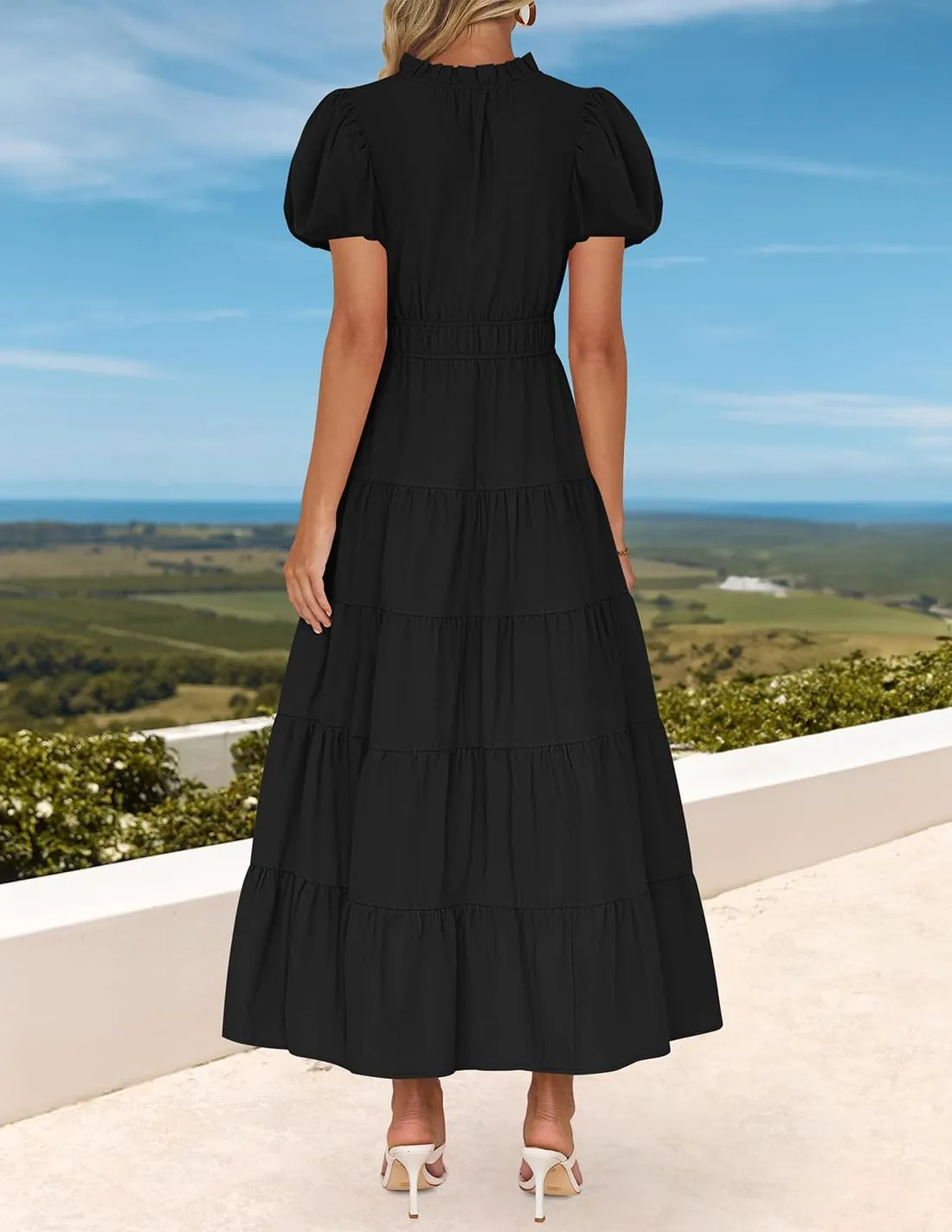 ZESICA Women's Summer Casual Maxi Dress 2025 Puff Short Sleeve V Neck Ruffle Tiered Flowy Boho Beach Dresses