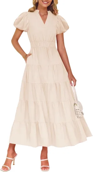 ZESICA Women's Summer Casual Maxi Dress 2025 Puff Short Sleeve V Neck Ruffle Tiered Flowy Boho Beach Dresses