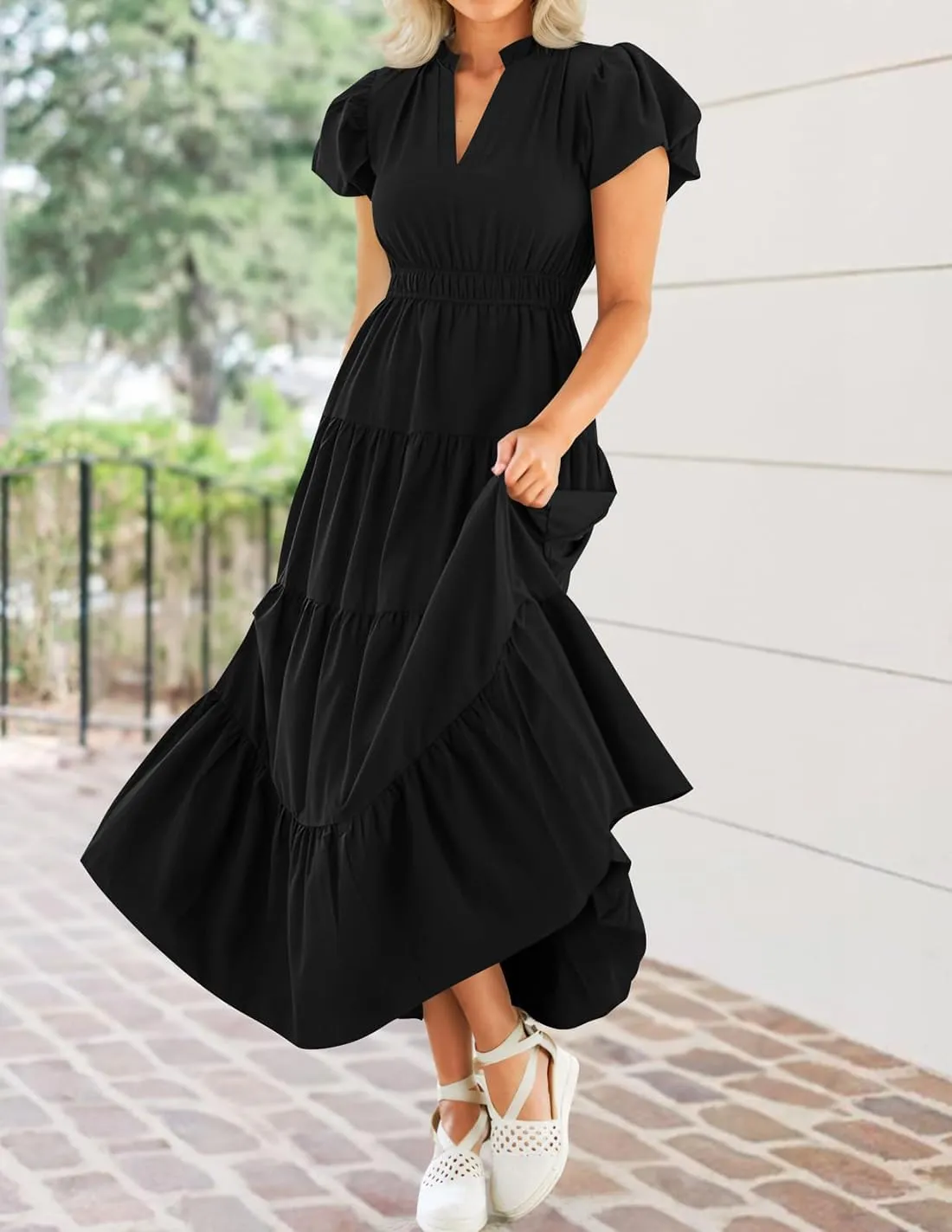 ZESICA Women's Summer Casual Maxi Dress 2025 Puff Short Sleeve V Neck Ruffle Tiered Flowy Boho Beach Dresses